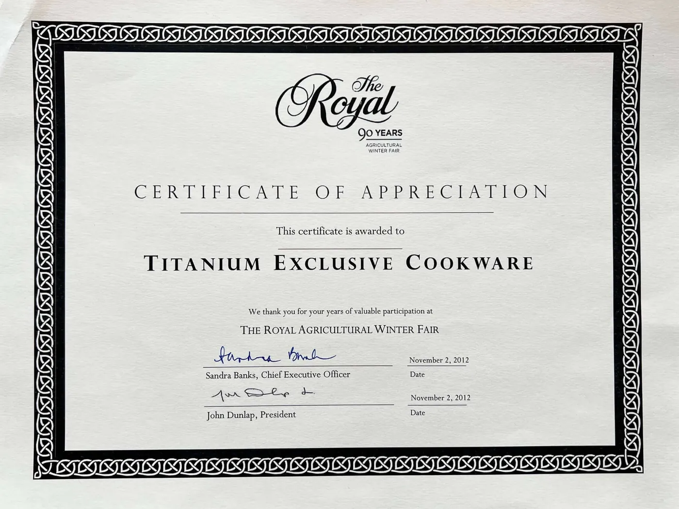 The Royal Agricultural Winter Fair, Toronto — certificate of appreciation, 2012.