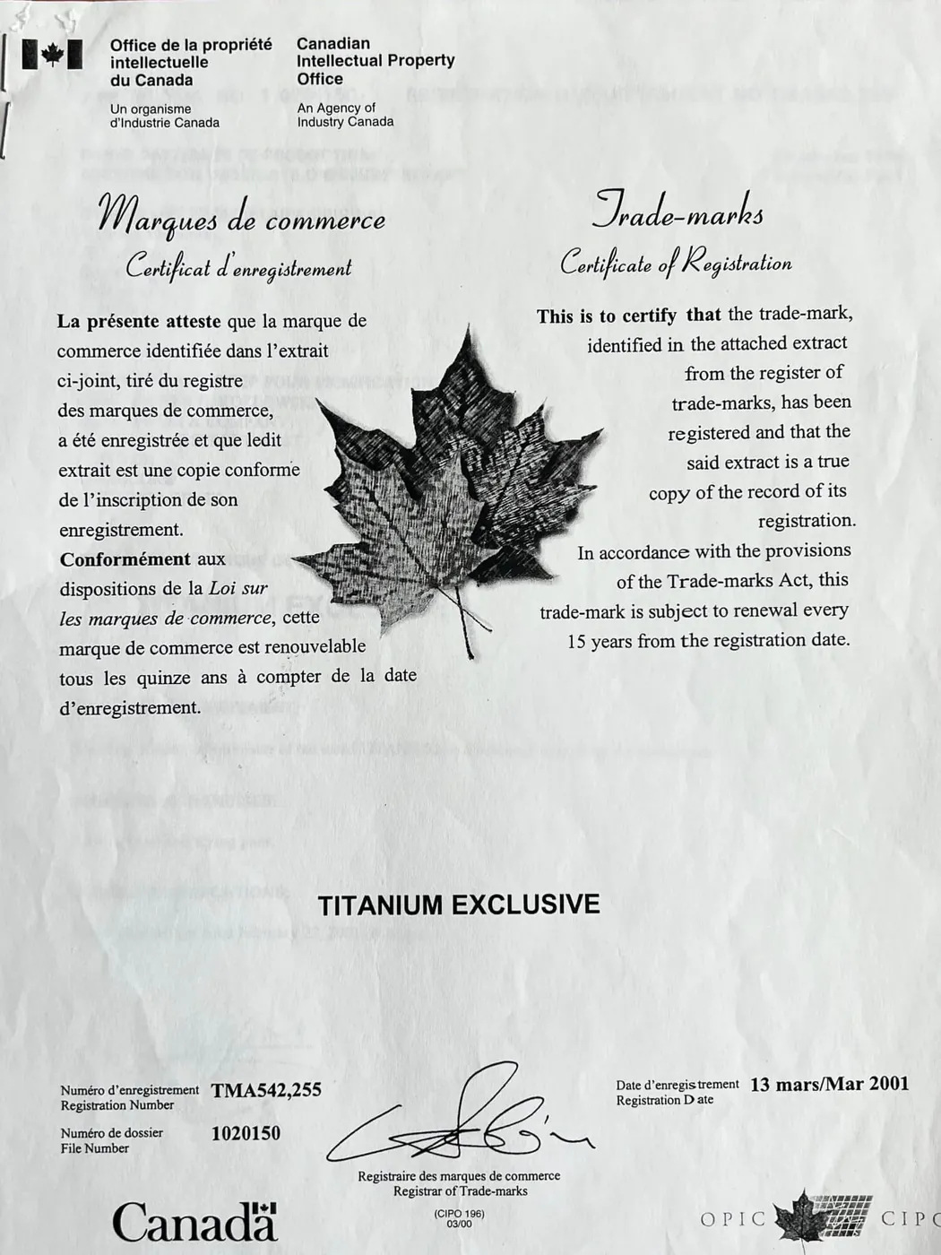 Canadian trade-mark registration TMA542,255, 13 March 2001.